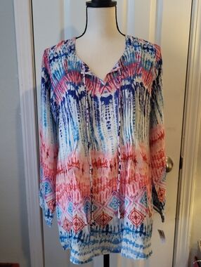 Love Kyla Multicolor Silk Blend Tie-Dye Tunic Top - Blue & Pink